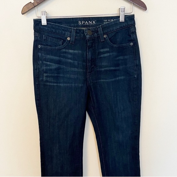 Spanx The Slim-X Straight Jeans Size 27 Dark Blue Wash Stretch Full Length - Picture 2 of 10